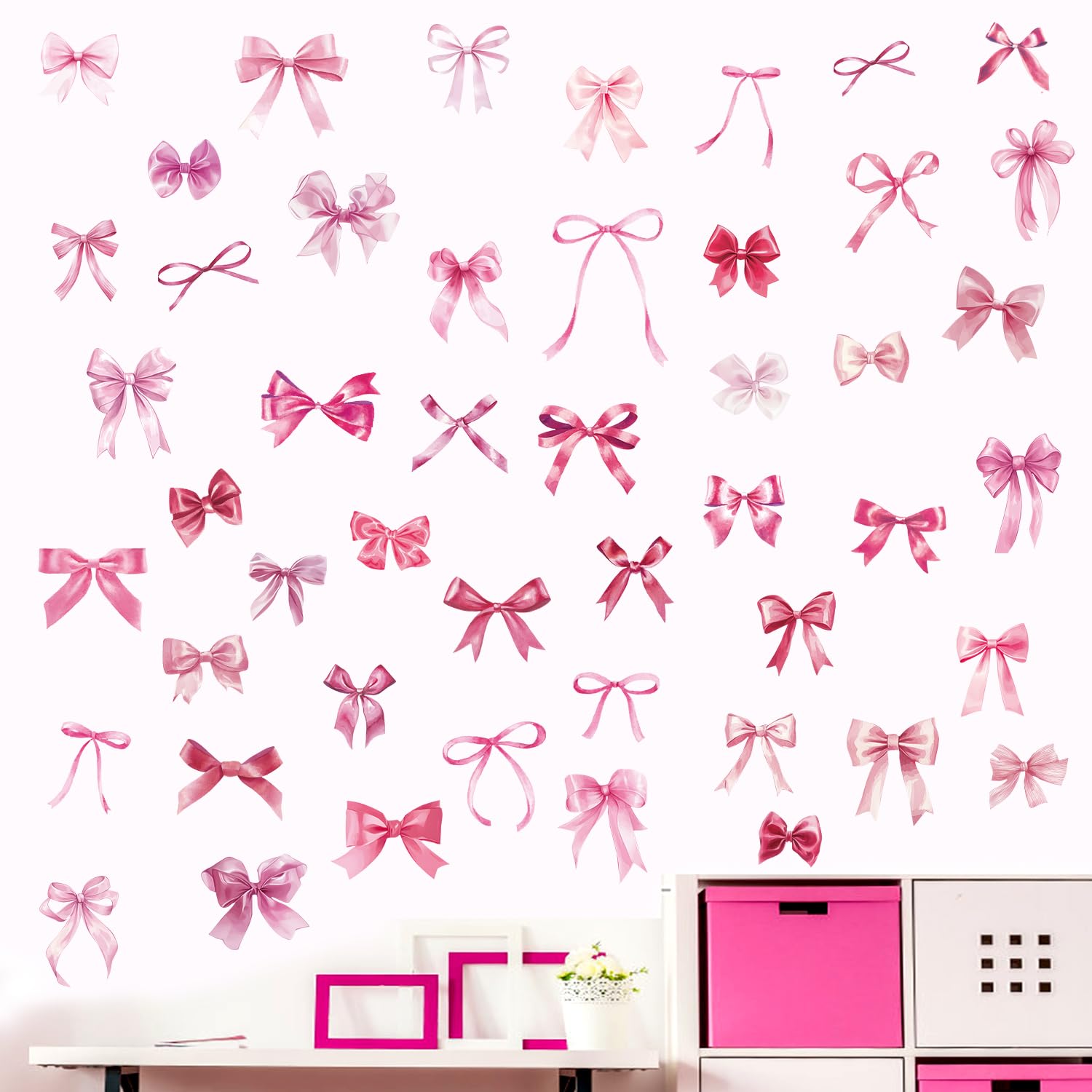 12 Sheet Pink Bow Wall Stickers, 11.81x7.87in Trendy Bow Wall Decals Coquette Bow Wall Decor Watercolor Room Mural Stickers for Kindergarten Nursery Bedroom (A Style)