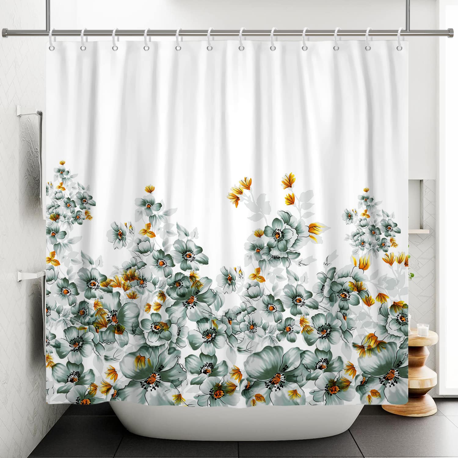 Bovlleetd Floral Shower Curtain Blue Yellow Flower Bathroom Curtain Oil Painting Botanical Shower Curtains Waterproof Bathtub Curtain with Hook for Bathroom 71x71inch