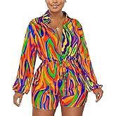 Glozeplus Women Sexy One Piece Deep V Neck Printed Shorts Jumpsuit Long Sleeve High Waist Elastic Romper Clubwear Outfits