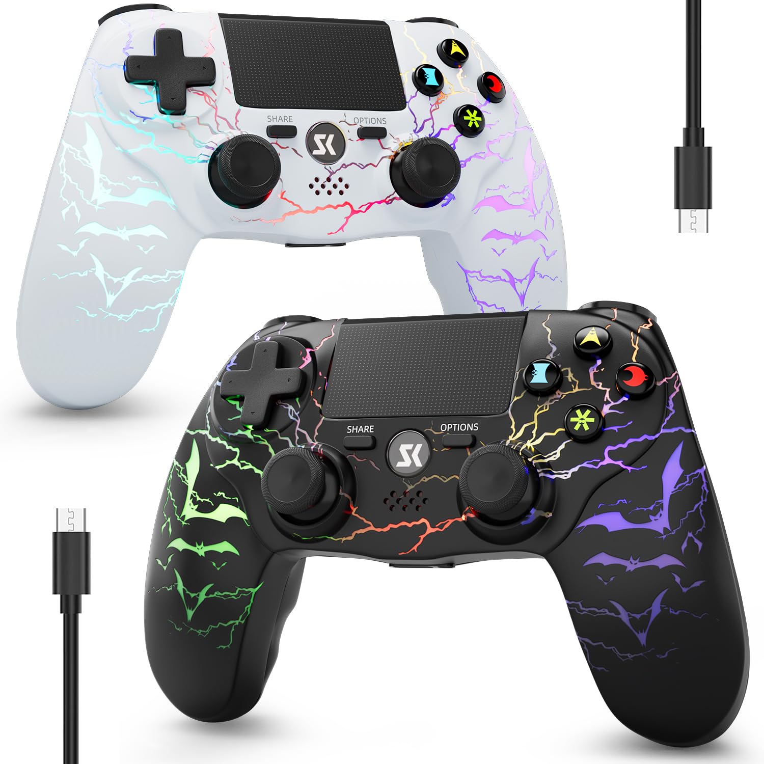 ISHAKO 2 Pack Controller for PS4, Wireless Controller for PS4/Pro/Slim/PC, Gaming Controller with RGB Lighting, 1000mAh Battery, 6-Axis Motion Control, Touchpad - Black & White