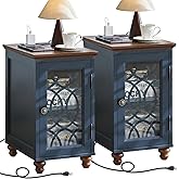 Joaxswe Narrow Side Table with Charging Station Set of 2, Night Stand with Glass Door,Bedside End Tables with Adjustable Shel