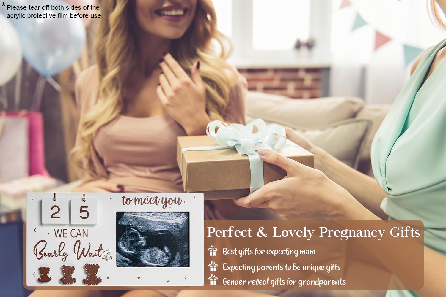 YLOVAN Expecting Parents to Be Unique Gifts for Pregnant Women, Sonogram Picture Frame Pregnancy Gift We Can Bearly Wait with Countdown Weeks, Best Mom Gift,White & Brown