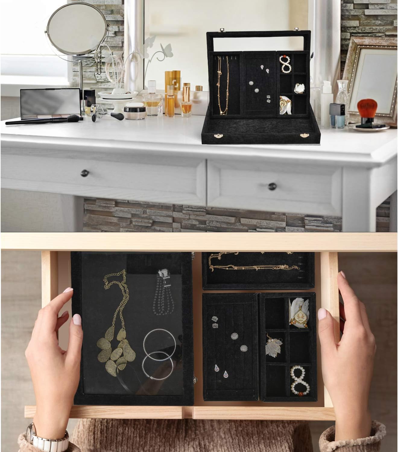 VIEFIN Velvet Stackable Jewelry Tray with Lid, Earring Drawer Insert Display Show Case, Dresser Organizer for Ring Stud, Necklace Holder Storage Box Chest,Black 4 in 1(with lid): Home & Kitchen