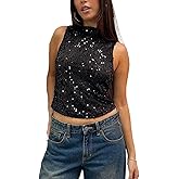 iTranyee Women Sexy Sequin Tank Top Y2k Sparkly Glitter Crew Neck Sleeveless Cami Shirt Shinny Slim Fit Vest for Club