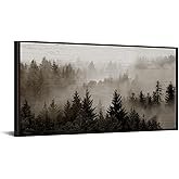 KREATIVE ARTS Large Framed Forest Canvas Wall Art – 24x48'' Foggy Mountain Landscape Print with Black Floater Frame, Nature-Inspired Decor for Living Room, Bedroom, or Office