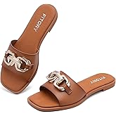 FITORY Women's Flat Sandals Fashion Slides With Soft Leather Slippers for Summer Size 6-11