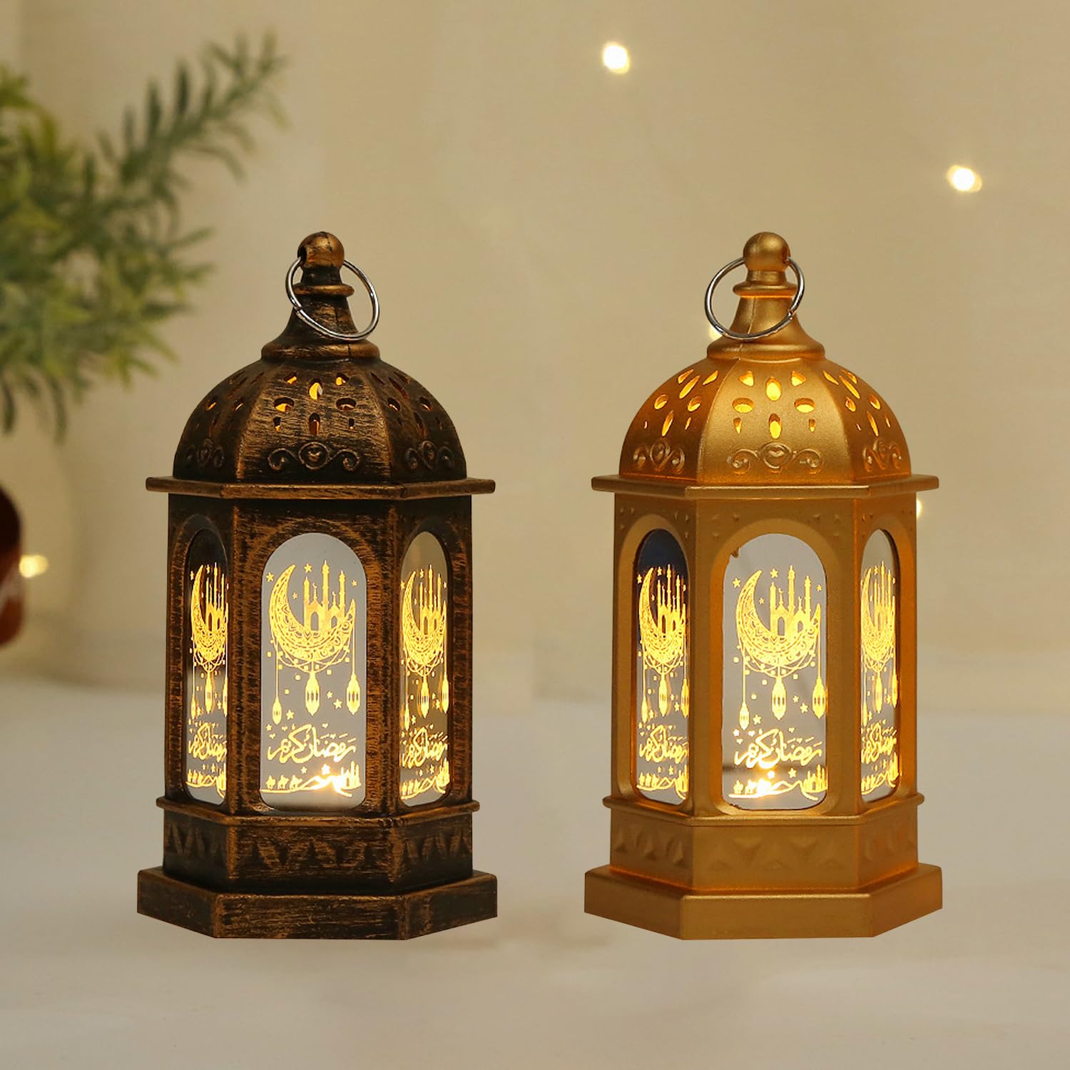 Mini Ramadan Candle Lantern Decorations for Centerpiece, Moroccan Style LED Eid Hanging Lantern Decorations for Home Ramadan Wedding Christmas Table Decor (Gold and Bronze)