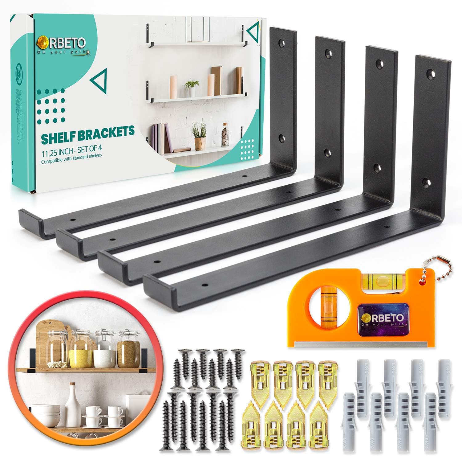 L Shape Shelf Brackets with Lip for 12 Inch Shelves Set of 4 Heavy Duty Iron for DIY Floating Shelves in Rustic Industrial Farmhouse Style - Hardware Included - Bonus Magnetic Pocket Level - Black: Home Improvement