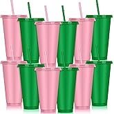 Skylety 12 Pcs Pink and Green Cups 24 oz Bulk Reusable Plastic Cups with Lid and Straw Witch Princess Party Favors Drink Tableware Supplies for Women