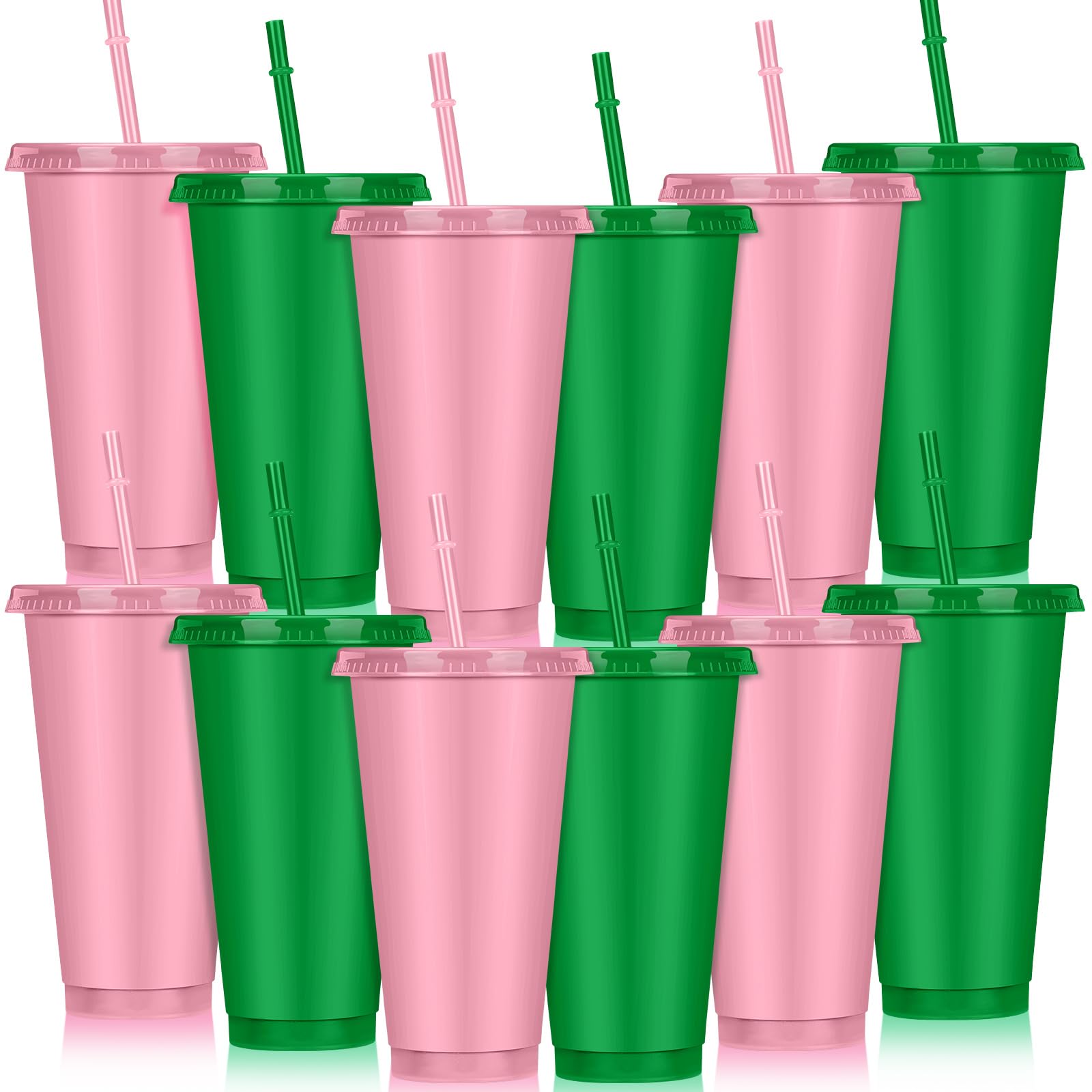 Photo 1 of Skylety 12 Pack Halloween Cups Bulk 24 oz Plastic Cups with Lid and Straw Pink and Green Iced Coffee Tumbler Princess Witch Party Supplies for Women