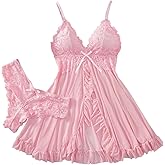 Foxiny Sexy Open Front Ruffle Sheer Mesh Lace Wireless Babydoll Lingerie Dress with Thong 2 Piece