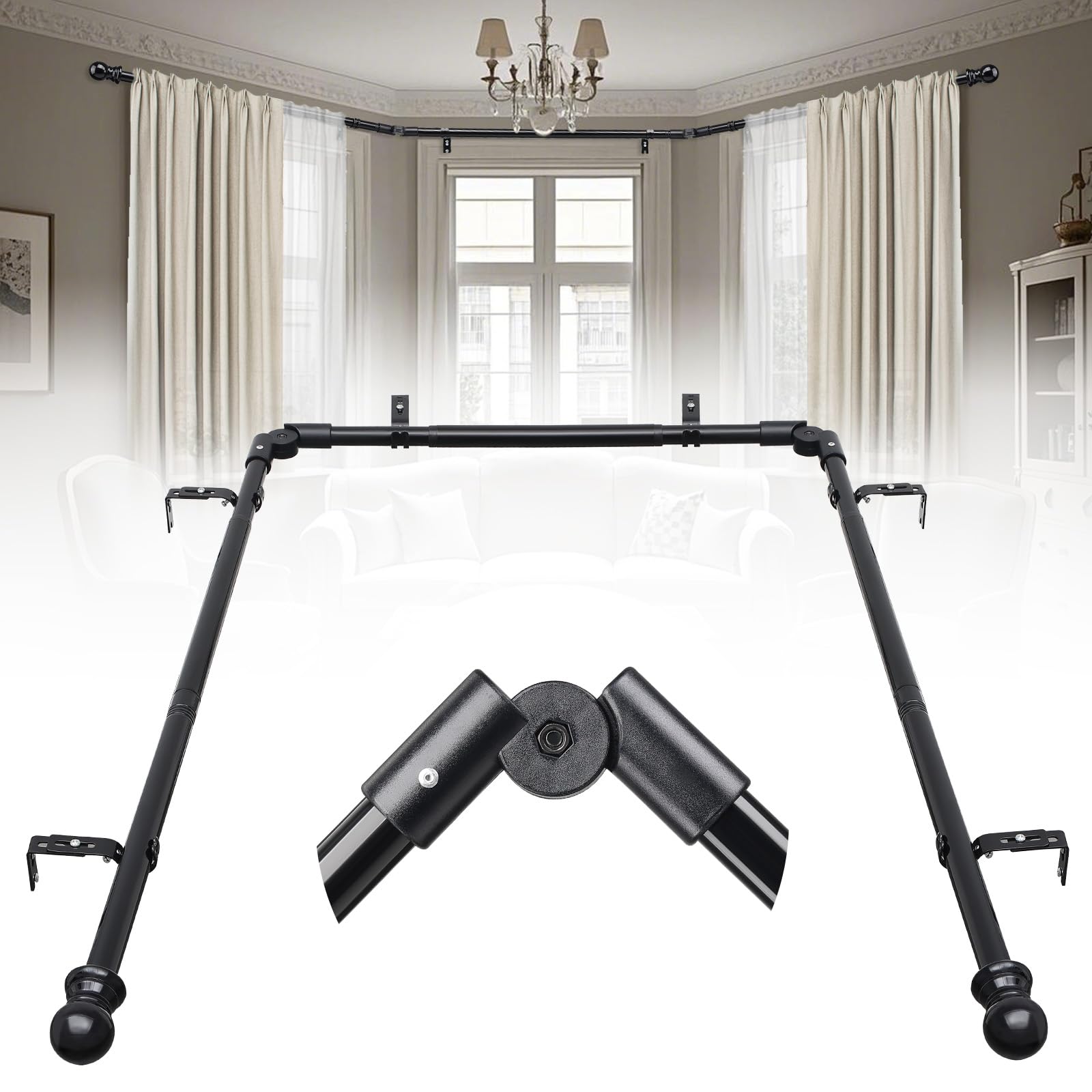Photo 1 of Bay window curtain rods, 1 Inch 3 Sides Adjustable Curved Curtain Rod for Windows U shaped, 15-49 Inch Side Rods 25-75 Inch Center Rods Black Curtain Rod for Bay Windows Bedroom, Living Room