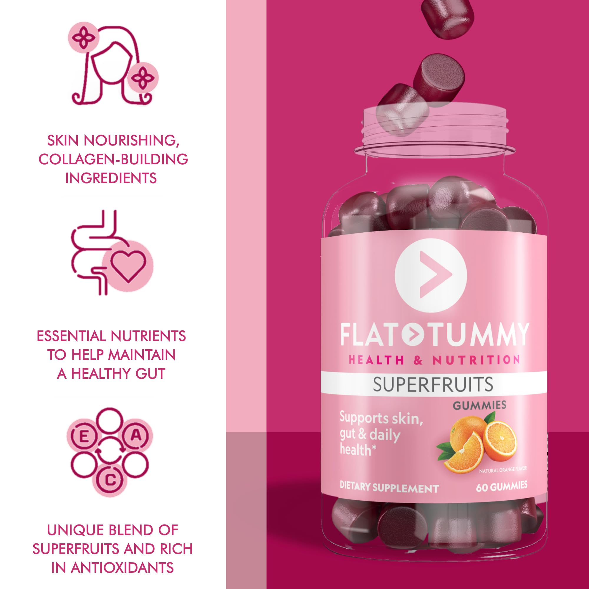 Flat Tummy Tea Superfruits Gummies, 60 Count - Skin, Gut, Cellular, Immune Health - Collagen & Keratin Production - Vegan, Non-GMO, Gluten-Free - Made with Bamboo Silica, Vitamin A, C & E