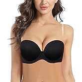 HWDI Women's Strapless Push Up Bra Underwired Thick Padded Low Cut T-Shirt Convertible Supportive Bras with Clear Straps