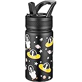 Fanhaw 14 Oz Kids Insulated Water Bottle with Straw - Stainless Steel Double Wall Vacuum Cup, Leakproof, BPA Free, Suitable for Boys and Girls(Black - Duck in Space)