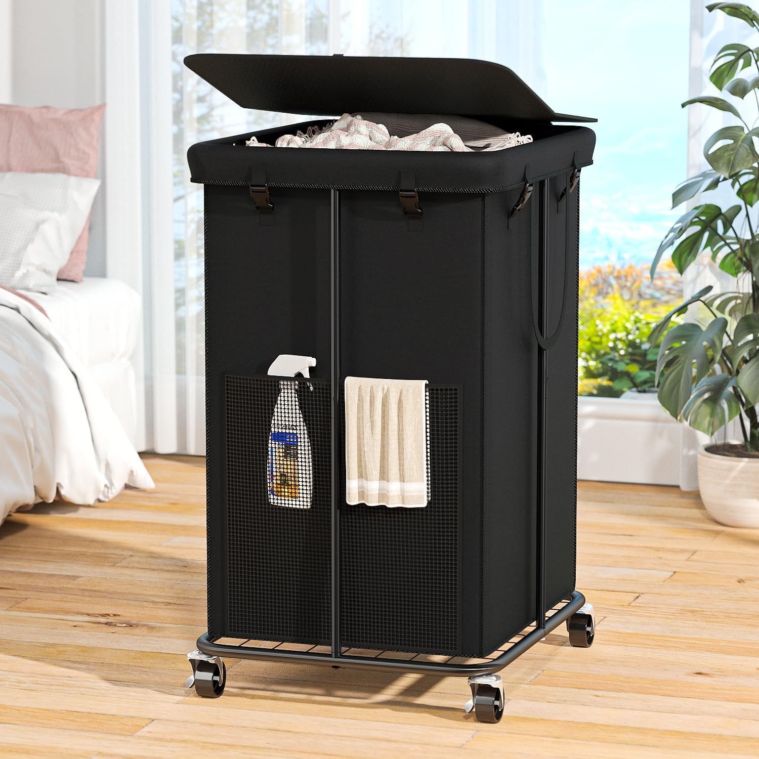 Photo 1 of 150L Laundry Hamper with Lid, Rolling Laundry Basket with Wheels, Large & Tall Dirty Clothes Hamper with Metal Frame and Removable Bag for Bedroom Aesthetic, Laundry Room, Bathroom, Dorm-Black