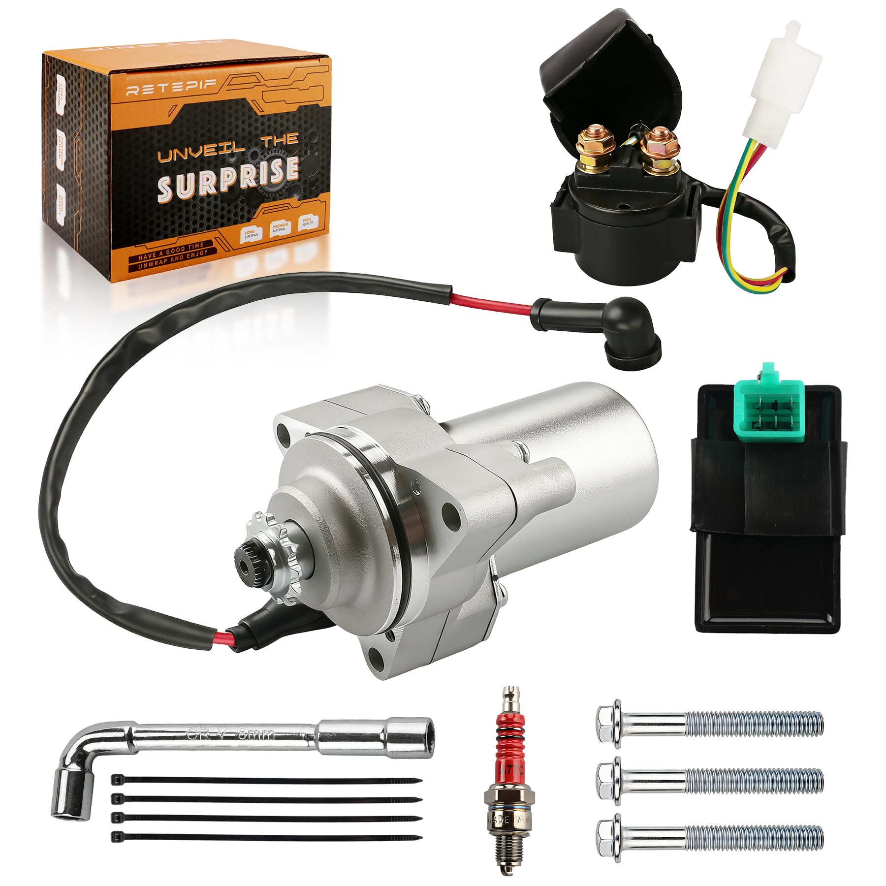 Photo 1 of 3 Bolt 12 Teeth Starter & Relay & CDI & Spark Plug for 50cc 70cc 90cc 100cc 110cc 125cc Chinese ATV Go Kart Dirt Bike Quad 4 Wheelers? for TaoTao Jonway SunL Roketa SSR Most Chinese Brands (Silver)