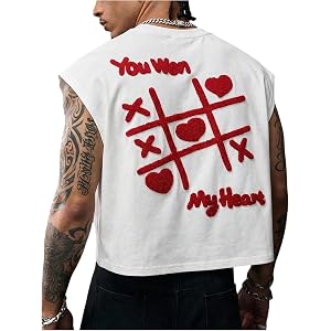SHENHE Men's Letter Embossed Cropped Tank Top Y2k Sleeveless Crewneck Street Shirts