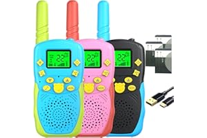 POKPOW Walkie Talkies for Kids Rechargeable 3 Pack Long Range 22 Channels 2 Way Radio Outdoor Kids Toys for Ages 3-12 Camping Hiking Birthday Xmas Easter Gifts for Boys Girls (Blue Black Pink)