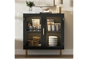 Housoul Modern Buffet Cabinet with LED Lights, 32" Acrylic Sideboard with 2 Doors, Adjustable Shelf Coffee Bar for Living Room, Kitchen, Black