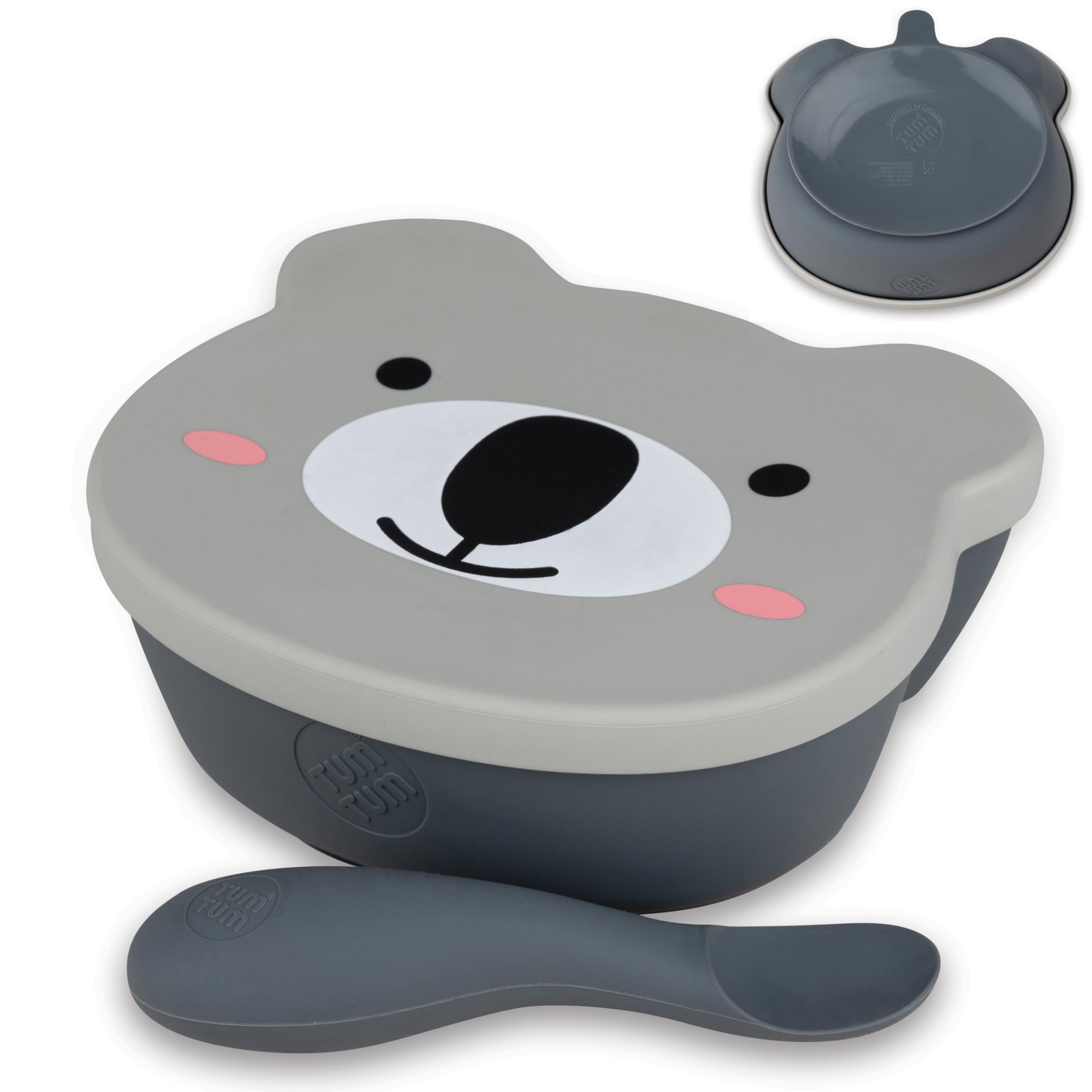 TUM TUM Stay Put Baby Bowl for Weaning, Baby Suction Bowl with Lid & Spoon, for Babies & Toddlers 6 Months+, BPA Free Weaning Set for Babies, Microwave/Dishwasher/Freezer Safe, Kev Koala, Grey