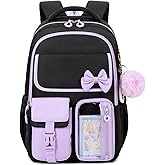 ASKSKY Girls Backpack, School Backpack for Girls, Cute Bow Kids Bookbag for Grils Children Teens for Elementary Middle High School Student, Black Purple