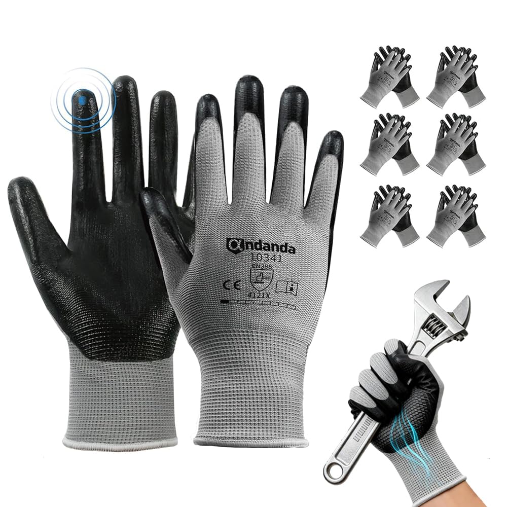 ANDANDA Men‘s Work Gloves with Nitrile Coating - Pack of 6 | Safety Gloves for Mechanics, Gardening & Logistics | Non-Slip Grip, Comfort Fit | Size L (Black)