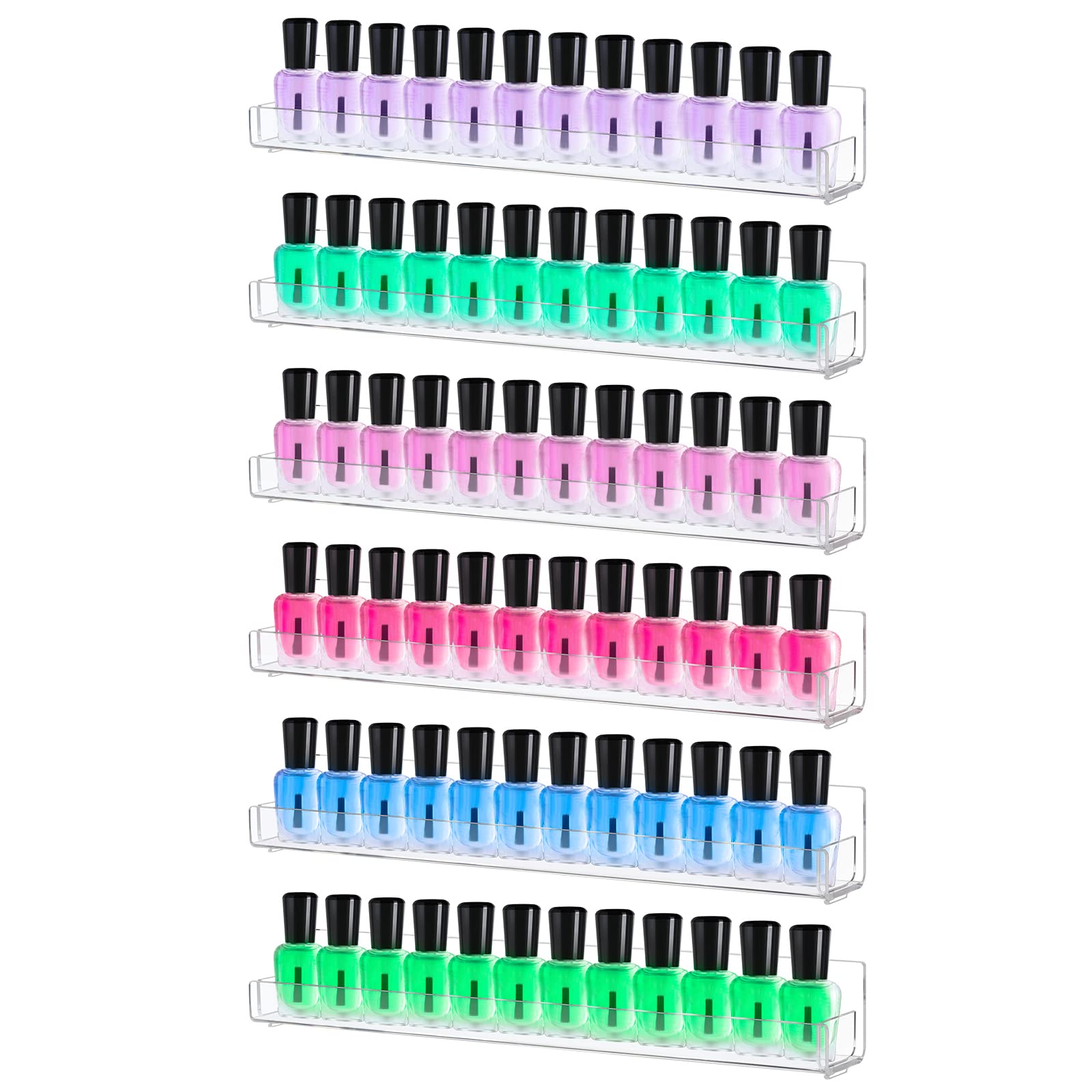 Boxalls 6 Pack Acrylic Nail Polish Racks,Wall Mounted Holds 72 bottles, Clear Nail Polish Display Shelf Organizer, Nail Polish Holder Storage with Removable Anti-slip End Inserts