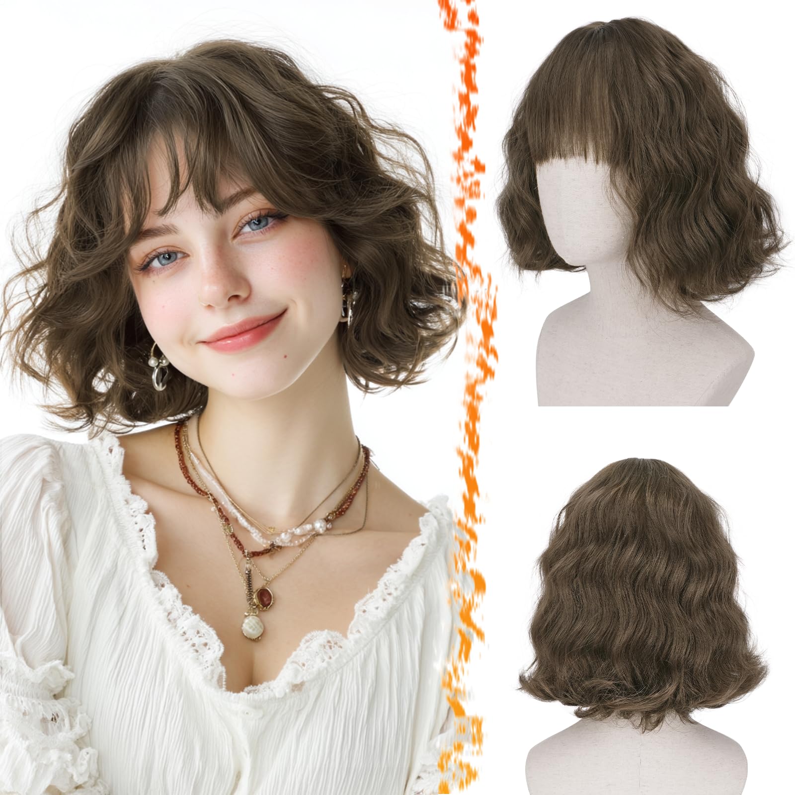 Photo 1 of BARSDAR Short Wavy Light Brown Wig with Bangs - Short Light Brown Bob Wigs for Women - Curly Wavy Textured French Bob Wig with Bangs Soft Synthetic Natural Looking Face-Framing Daily