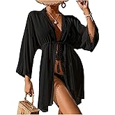 SHENHE Women's Beach Kimono Swimsuit Cover Up Tassel Tie Front Lace Trim Flowy Beach Coverups