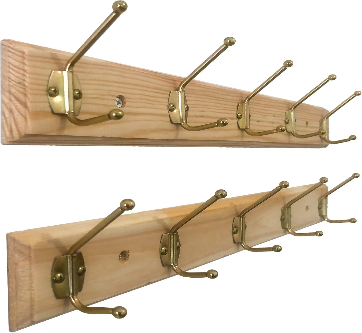 2 x Pine Wood Coat Racks 10 Metal Hooks On Strong Natural Pine Wooden