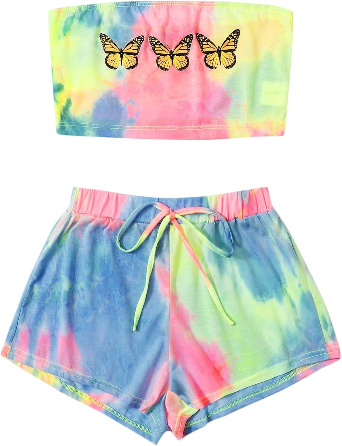 Floerns Women's 2 Piece Butterfly Print Tube Top and Elastic Waist