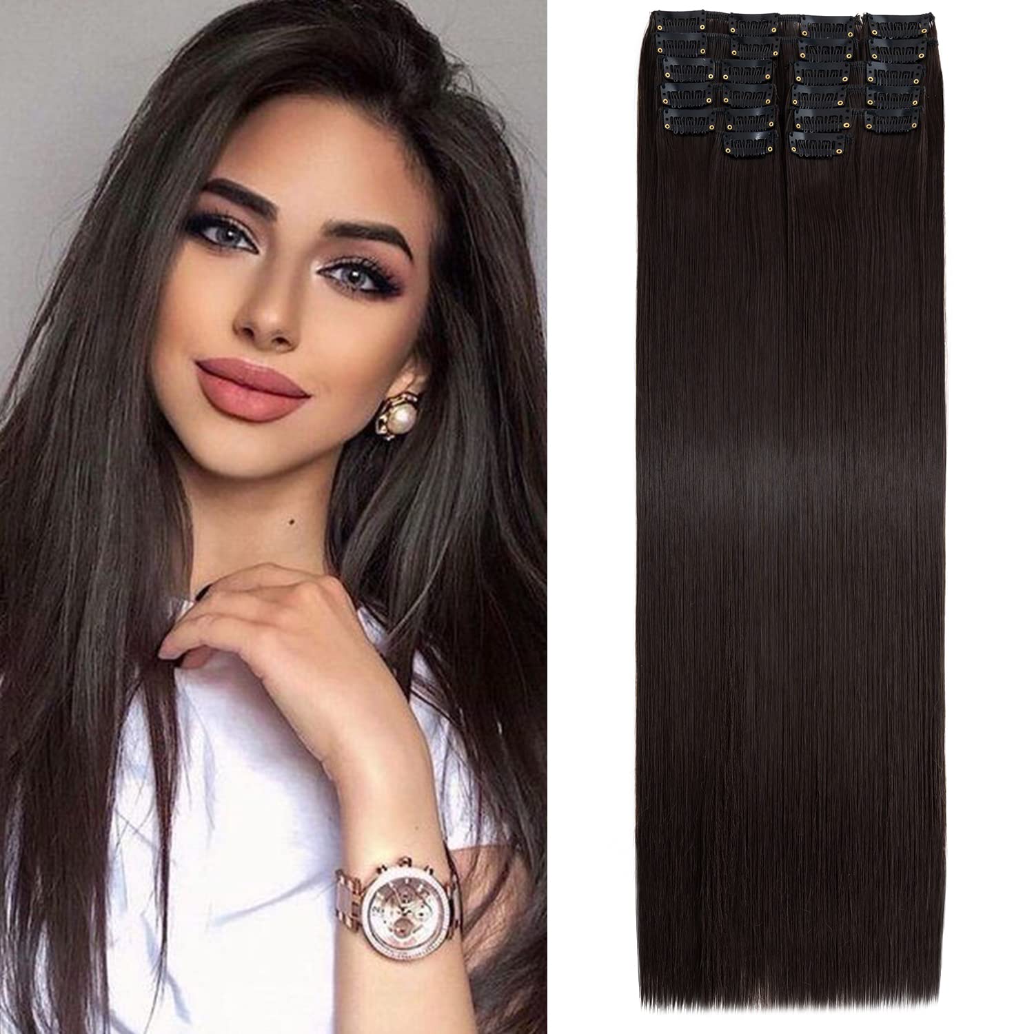 S-Noilite 22 Inches Long Straight Hair Extensions Clip in Full Head 12PCS Hair Extensions Clip on Synthetic Fiber Hairpieces for Women - Dark Brown โ image 1