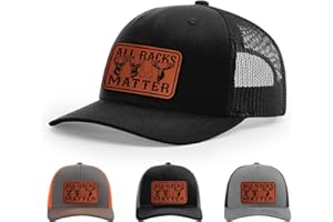 All Racks Matter, Funny Deer Elk Moose Boob Hunting Hat, 112 Style Trucker Leather Patch Hat for Men & Women, 6 Panel Basebal