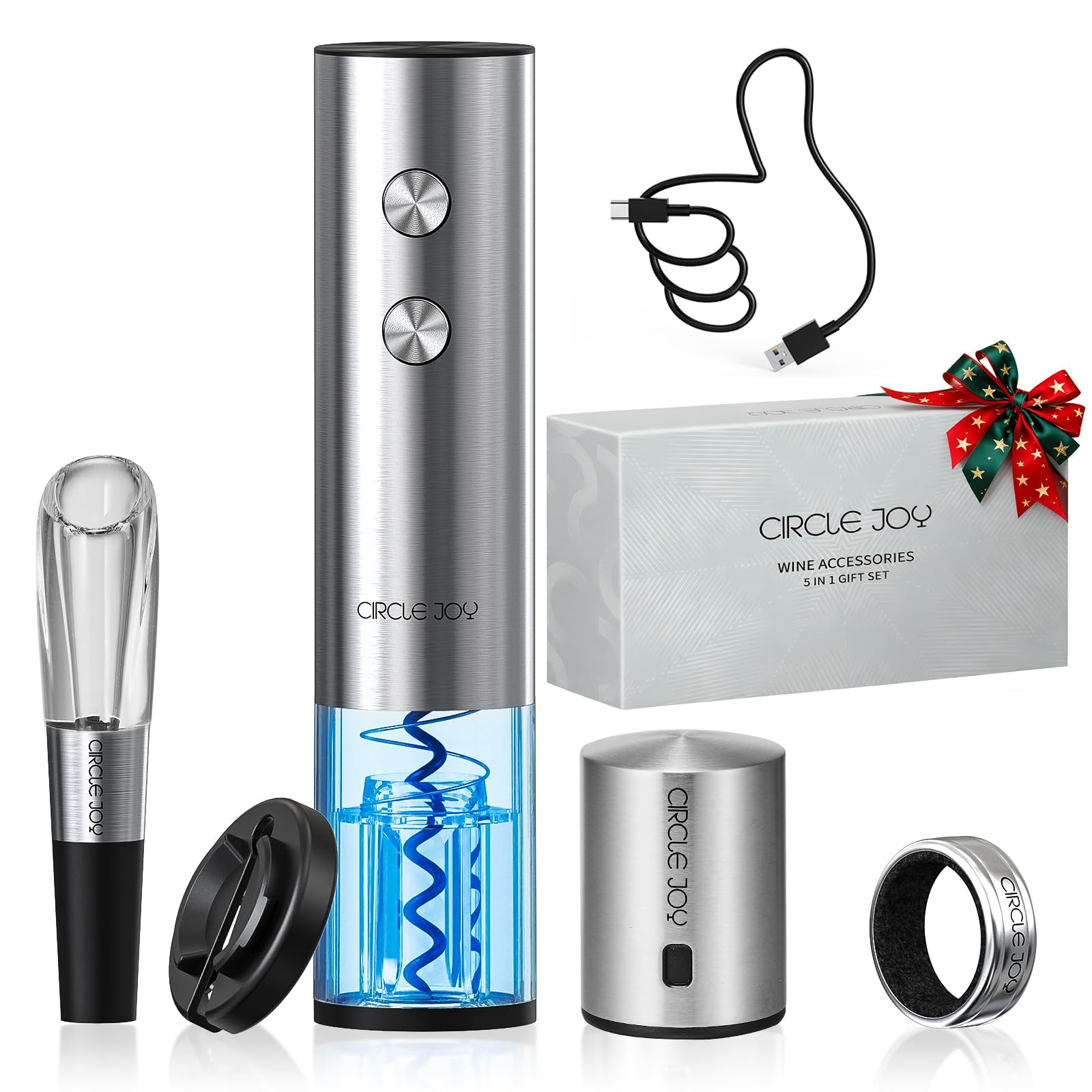 CIRCLE JOY Electric Wine Opener Rechargeable 5-in-1 Stainless Steel Wine Bottle Opener Premium Gift Set with Foil Cutter, Wine Aerator Pourer, Wine Drip Ring & Vacuum Stopper for Wine Lovers Image