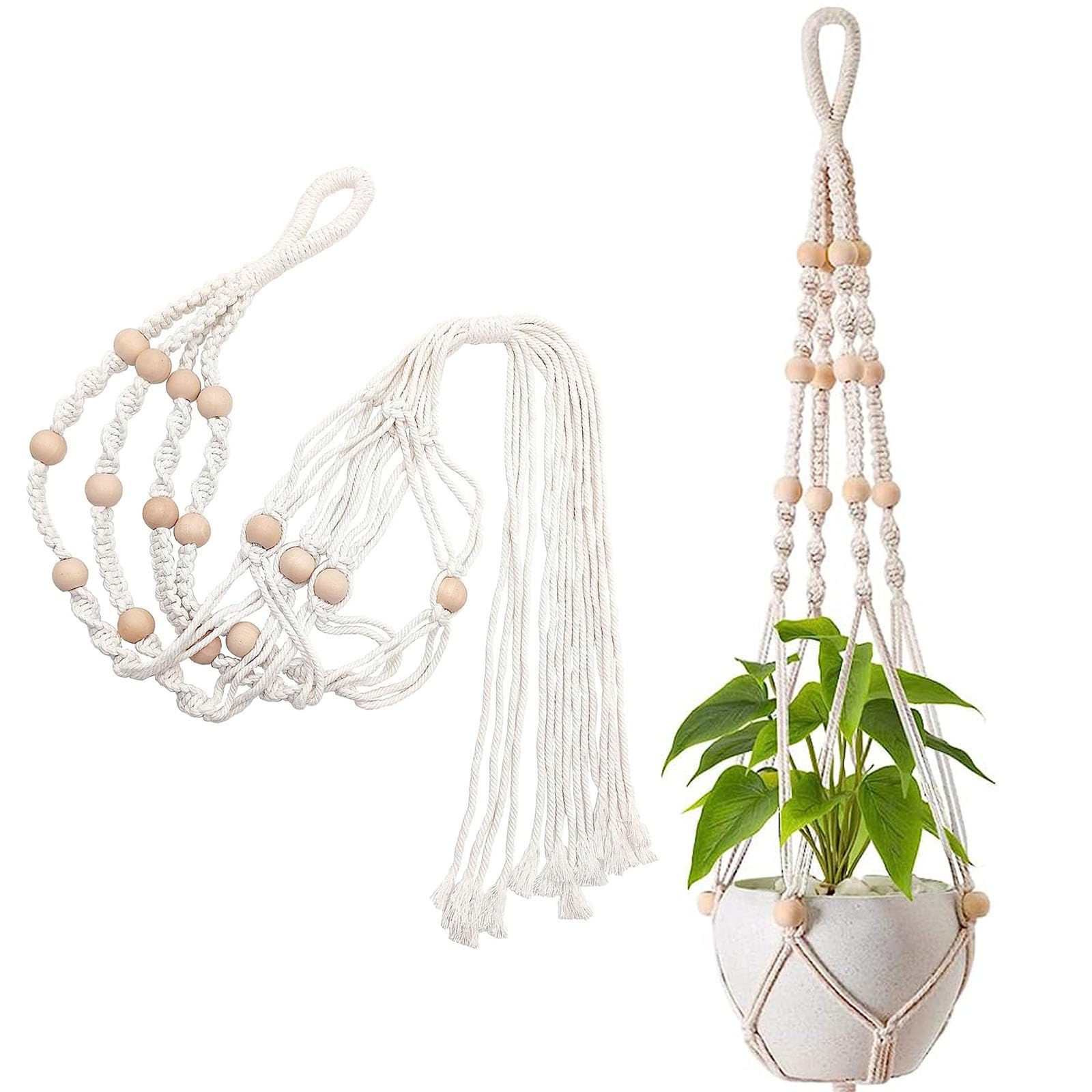Plant Hangers, 2 Pack Macrame Plant Hanger, Indoor Hanging Planter Basket, Flower Pot Holder Cotton Rope, 100cm with Beads Tassels for Indoor Outdoor, Wall Hanging Plants, Office, Home Decoration