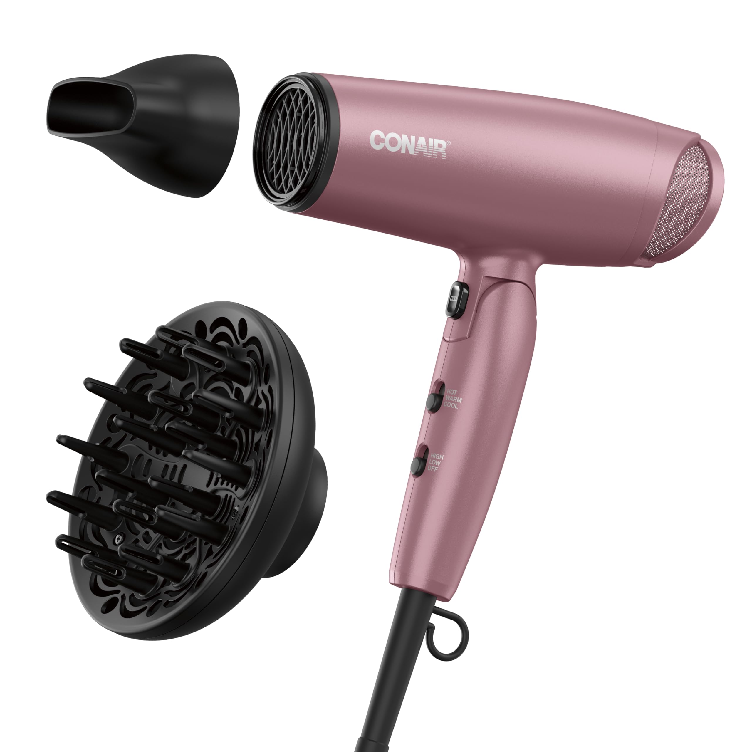 Photo 1 of Conair Hair Dryer with Diffuser and Folding Handle, Travel Friendly Hair Dryer, Radiance Boost Blow Dryer for Less Frizz, More Shine, and Irresistibly Silky Hair, Includes Diffuser and Concentrator