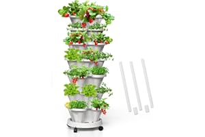 Tectsia Strawberry Vertical Planters, 7 Tiered Stacking Tower Garden with Support Pole, Stackable Herb Vegetable Planters Indoor and Outdoor - White