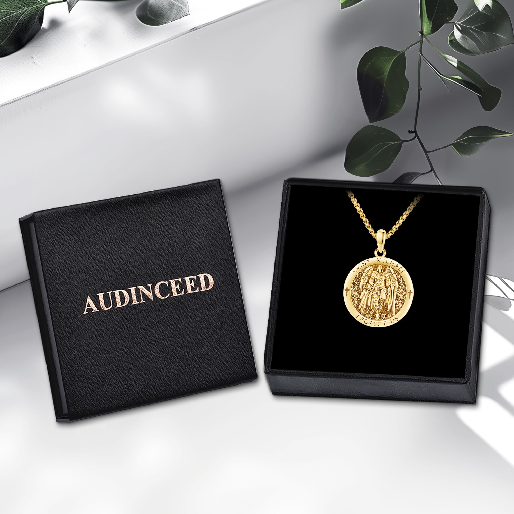 AUDINCEED 18K Gold St Michael Pendant/Saint Anthony/Archangel Raphael/St Benedict/San Judas/Jesus Cross/Santa Muerte/Virgin Mary Necklace 925 Sterling Silver Amulet Jewelry for Men Women