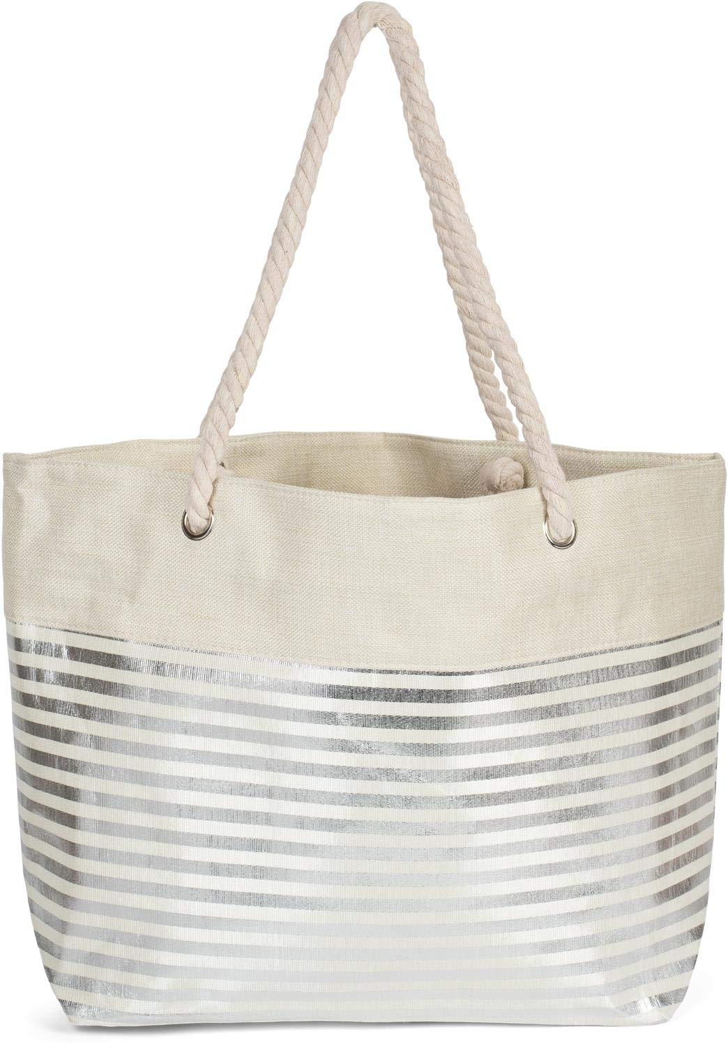styleBREAKER women XXL beach bag with metallic stripes print and zip, shoulder bag, shopping bag 02012281, Colour:Beige-Silver