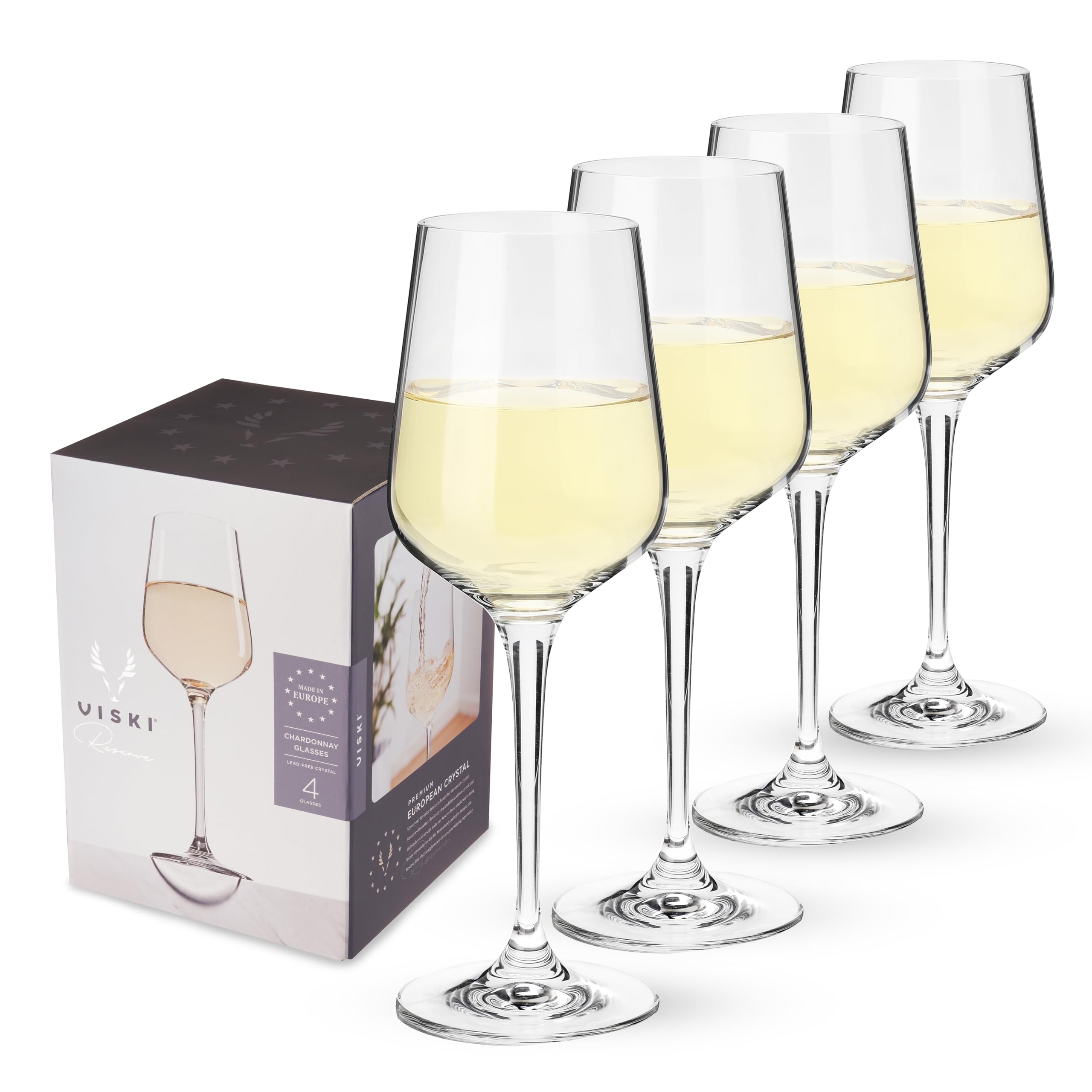 Viski Reserve European Crystal Chardonnay Glasses, 4 Lead-Free Crystal White Wine Glasses, European Made Glassware, Stemmed Wine Glass Set, Set of 4, 15 Ounces (443 ml)
