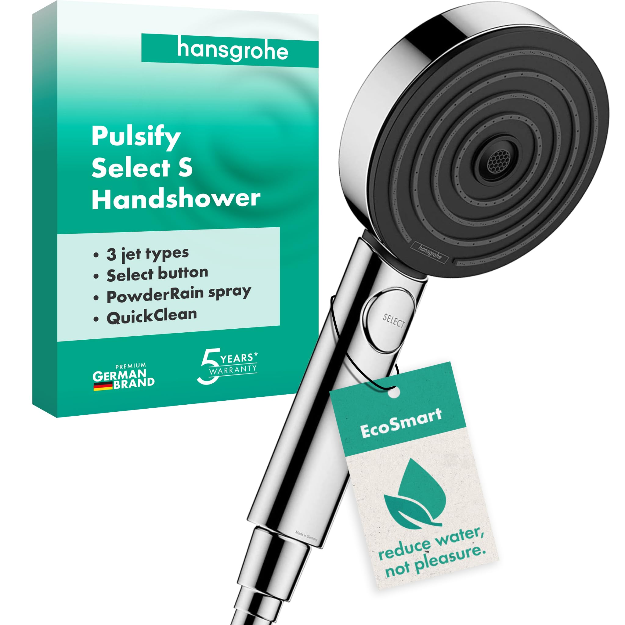 hansgrohe Pulsify Select S - water-saving shower head 9 l/min (EcoSmart), hand shower round (⌀ 105 mm) with anti-limescale function, chrome, 24111000 (Package may vary)