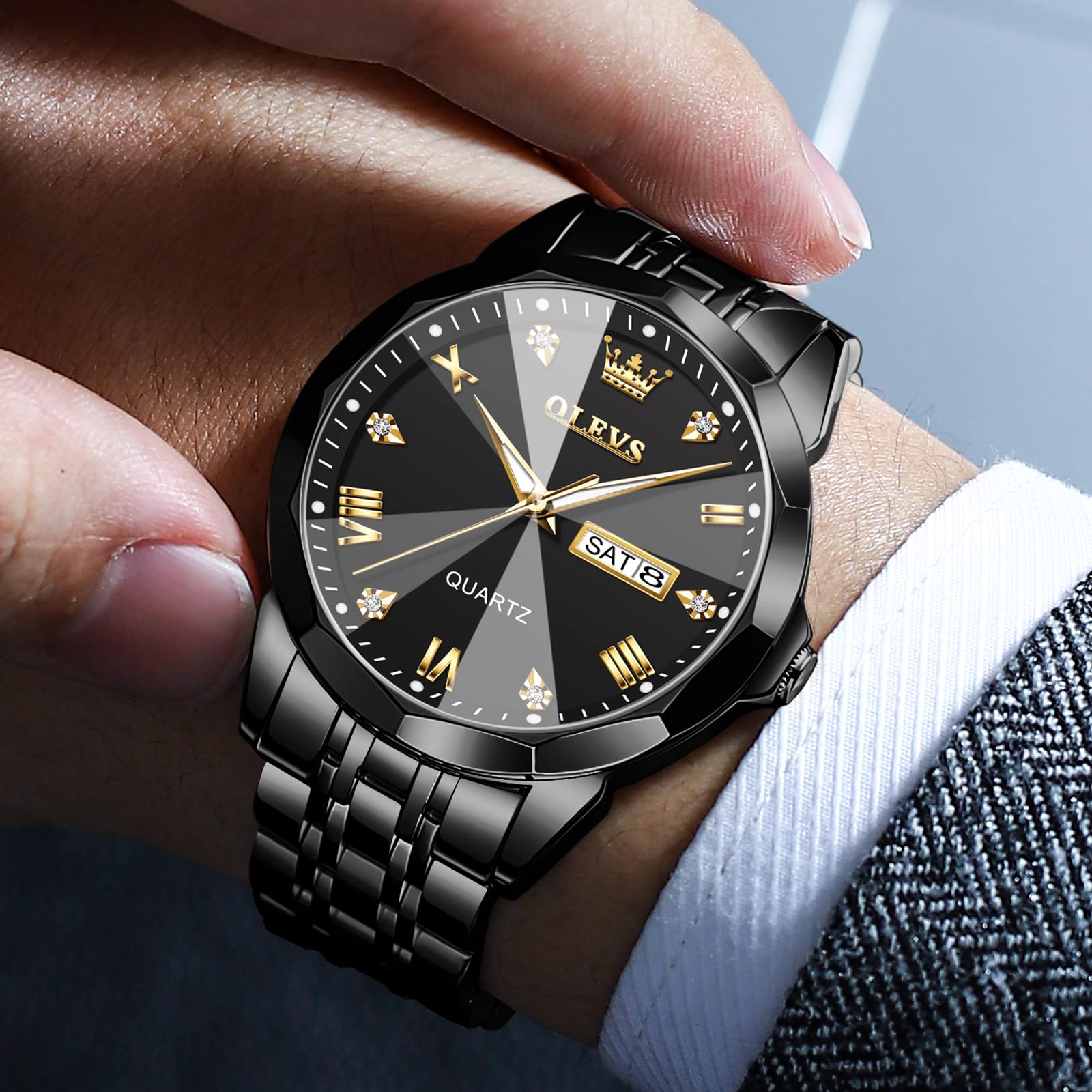 OLEVS Uhr Herren Luxus Diamant Edelstahl Wasserdicht Analog Datumsanzeige Business Original Schwarz Armbanduhr Herren 2