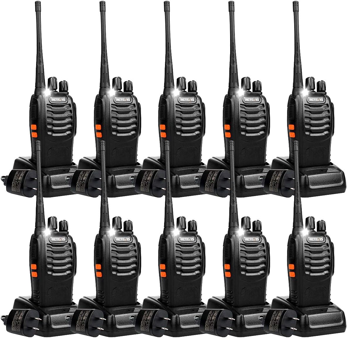 Retevis H-777 Two Way Radios Long Range Rechargeable,Hands Free Handheld Flashlight Walkie Talkies, Fast Charging USB Wall Adapter,Charger Base,Battery Included (Black, 10 Pack)