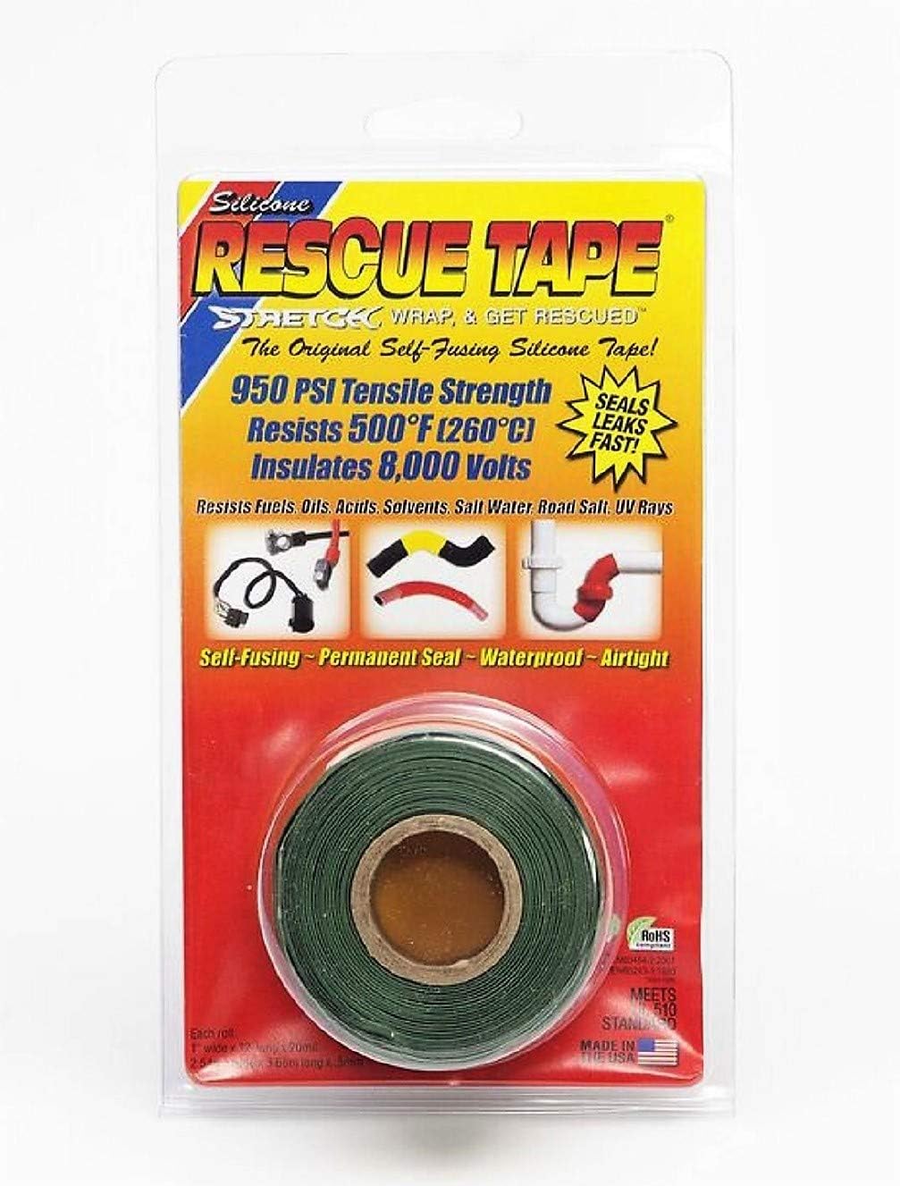 Rescue Tape | Self-Fusing Silicone Tape | Emergency Pipe & Plumbing Repair | DIY Repairs | Seal Radiator Hose Leaks | Wrap Electrical Wires | Used By US Military | 1” X 12’ | Silicone Rubber | Green