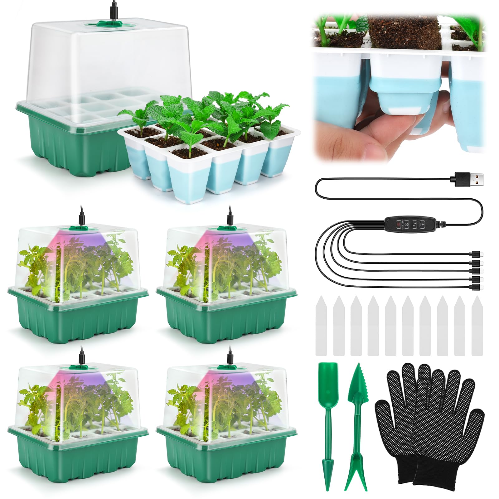Seed Starter Tray with Grow Light, 60 Flexible Cells 5 PCS Seed Starter Kit, Reusable Seedling Starter Trays with Humidity Dome & High Lid, Germination Trays for Indoor Greenhouse Seed Starter