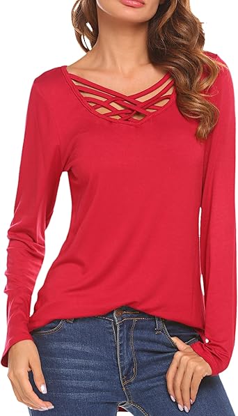 red v neck shirt women's
