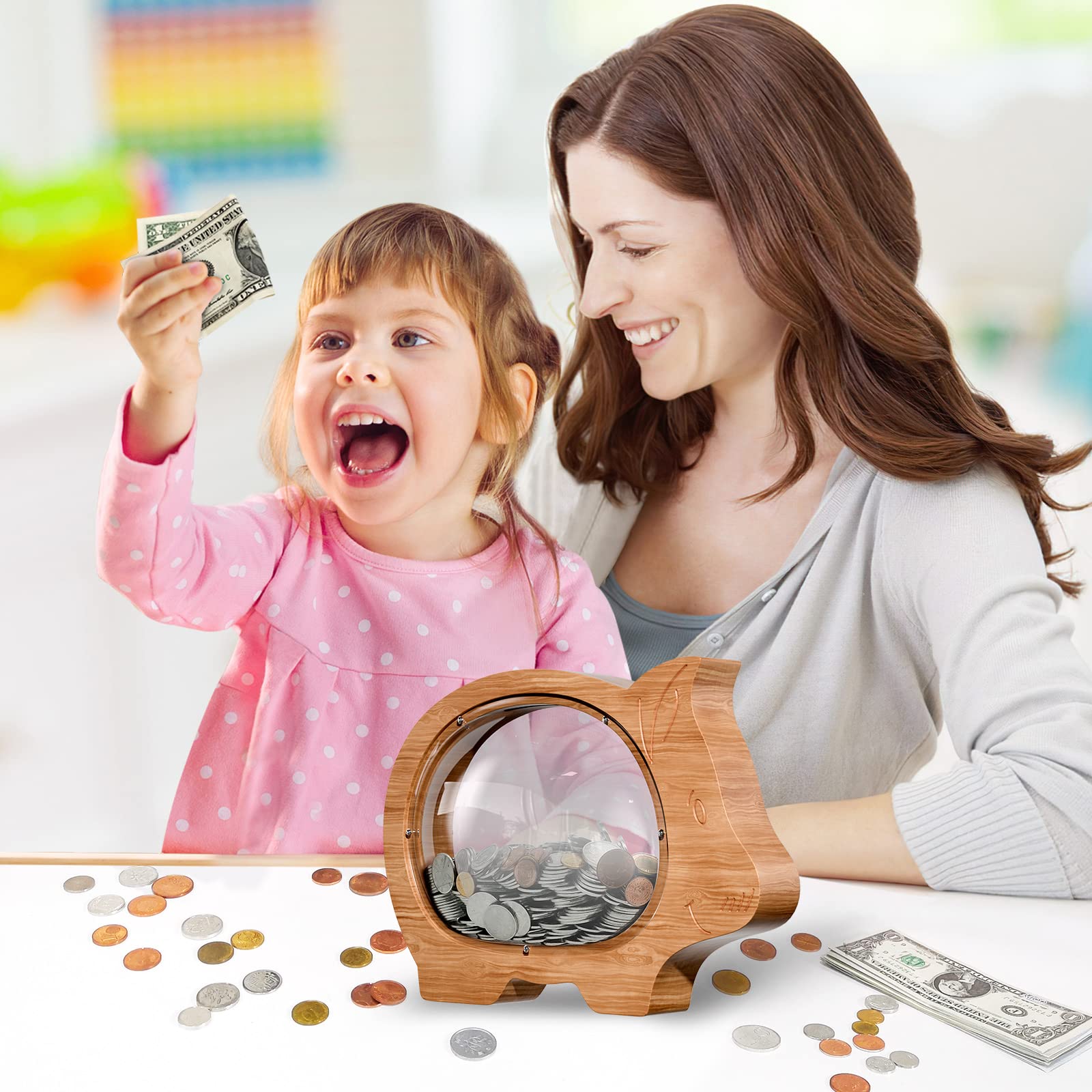 Wooden Clear Piggy Bank for Boys Girls Kids, Large Unbreakable Wood Money Bank, Cute Coin Bank Creative Saving Bank for Christmas Birthday Gift Baby Shower…