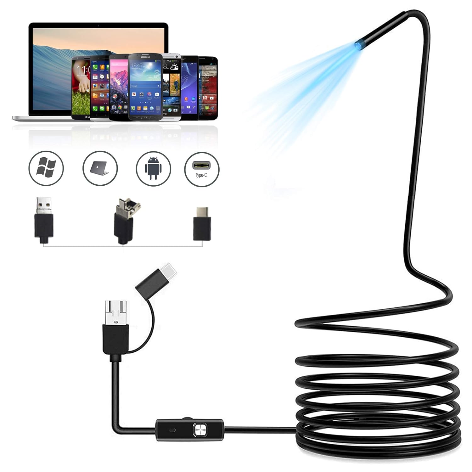 ASOOLL USB Endoscope Snake Inspection Camera Waterproof Pipe 3 in 1 Type-C Endoscope Camera 7mm Borescope Camera with 6 Adjustable LED Lights for Android Smartphone,Windows,MacBook,Laptop 3.5FT