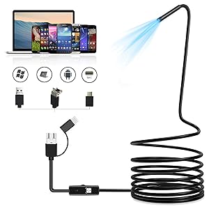 ASOOLL USB Endoscope Snake Inspection Camera Waterproof Pipe 3 in 1 Type-C Endoscope Camera 7mm Borescope Camera with 6 Adjustable LED Lights for Android Smartphone,Windows,MacBook,Laptop 3.5FT